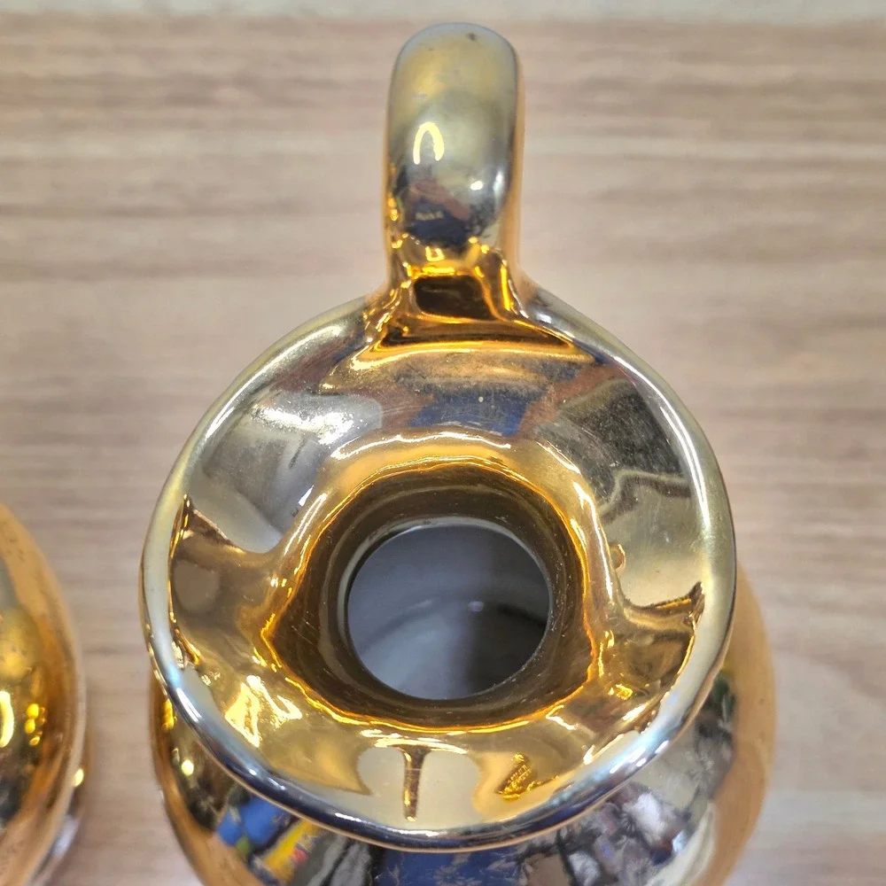 Vintage Gold Painted Ceramic Pitcher Set of Two Mid Century‎ Modern Embossed